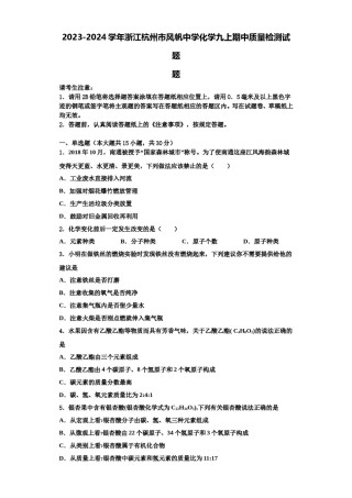 2023-2024学年浙江杭州市风帆中学化学九上期中质量检测试题含解析.doc