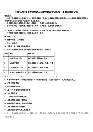 2023-2024学年浙江杭州拱墅区锦绣育才化学九上期末统考试题含解析.doc