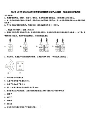 2023-2024学年浙江杭州拱墅锦绣育才化学九年级第一学期期末统考试题含解析.doc