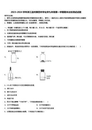 2023-2024学年浙江温州第四中学化学九年级第一学期期末达标测试试题含解析.doc