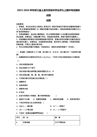 2023-2024学年浙江省上虞市实验中学化学九上期中考试模拟试题含解析.doc