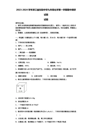 2023-2024学年浙江省东阳中学九年级化学第一学期期中调研试题含解析.doc