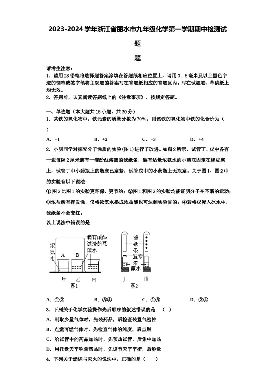 2023-2024学年浙江省丽水市九年级化学第一学期期中检测试题含解析.doc_第1页