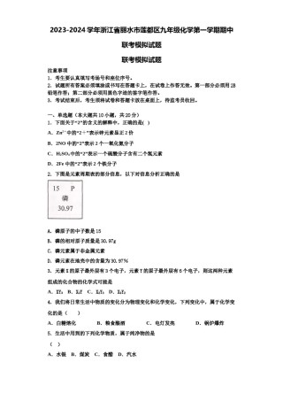 2023-2024学年浙江省丽水市莲都区九年级化学第一学期期中联考模拟试题含解析.doc