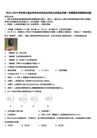 2023-2024学年浙江省台州市台州市白云学校九年级化学第一学期期末经典模拟试题含解析.doc