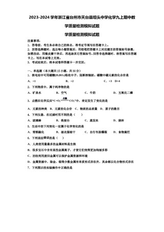 2023-2024学年浙江省台州市天台县坦头中学化学九上期中教学质量检测模拟试题含解析.doc