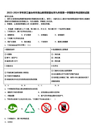 2023-2024学年浙江省台州市海山教育联盟化学九年级第一学期期末考试模拟试题含解析.doc