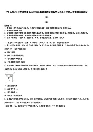2023-2024学年浙江省台州市温岭市箬横镇东浦中学九年级化学第一学期期末联考试题含解析.doc