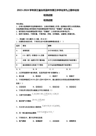 2023-2024学年浙江省台州温岭市第三中学化学九上期中达标检测试题含解析.doc