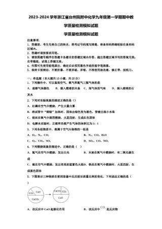 2023-2024学年浙江省台州院附中化学九年级第一学期期中教学质量检测模拟试题含解析.doc