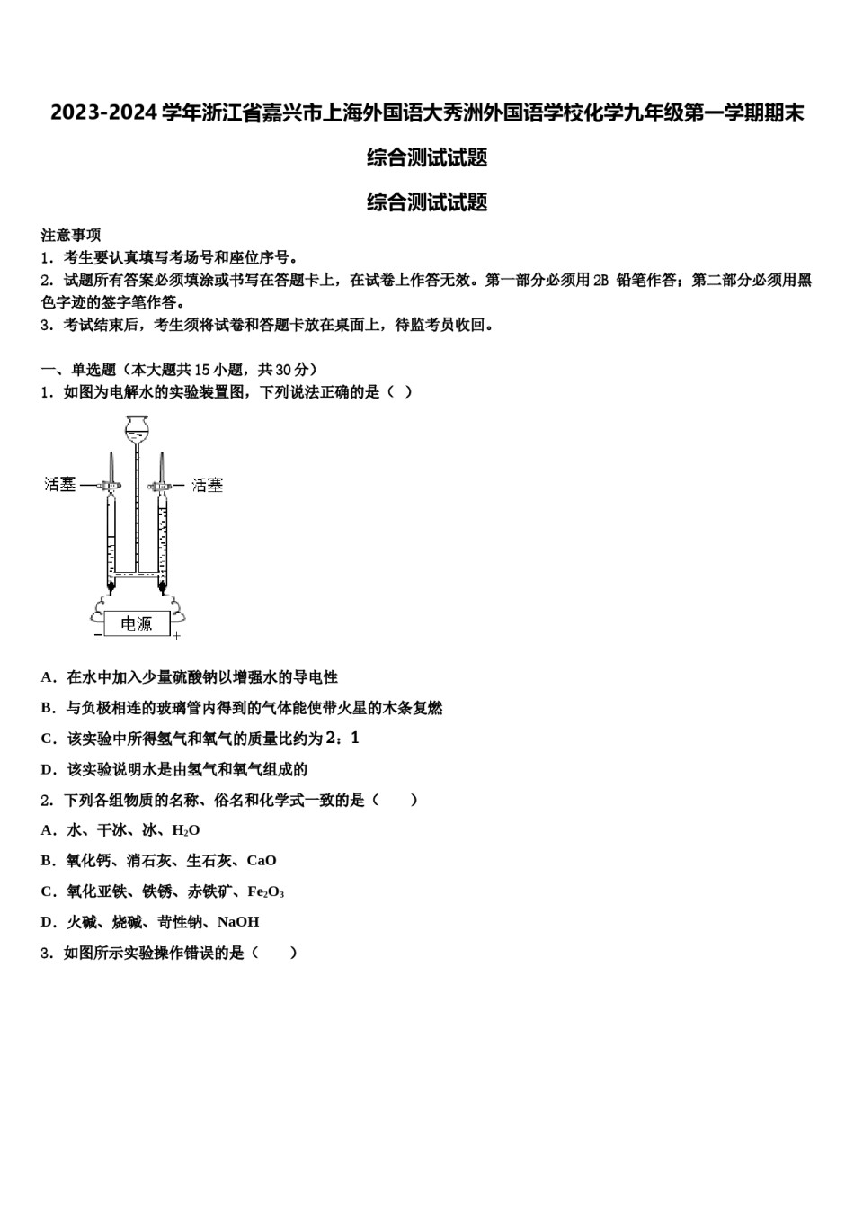 2023-2024学年浙江省嘉兴市上海外国语大秀洲外国语学校化学九年级第一学期期末综合测试试题含解析.doc_第1页