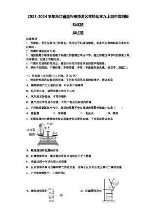 2023-2024学年浙江省嘉兴市南湖区实验化学九上期中监测模拟试题含解析.doc