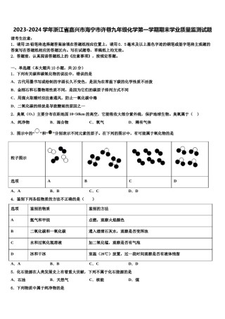 2023-2024学年浙江省嘉兴市海宁市许巷九年级化学第一学期期末学业质量监测试题含解析.doc