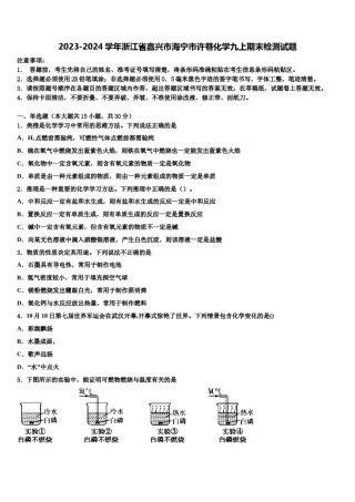 2023-2024学年浙江省嘉兴市海宁市许巷化学九上期末检测试题含解析.doc