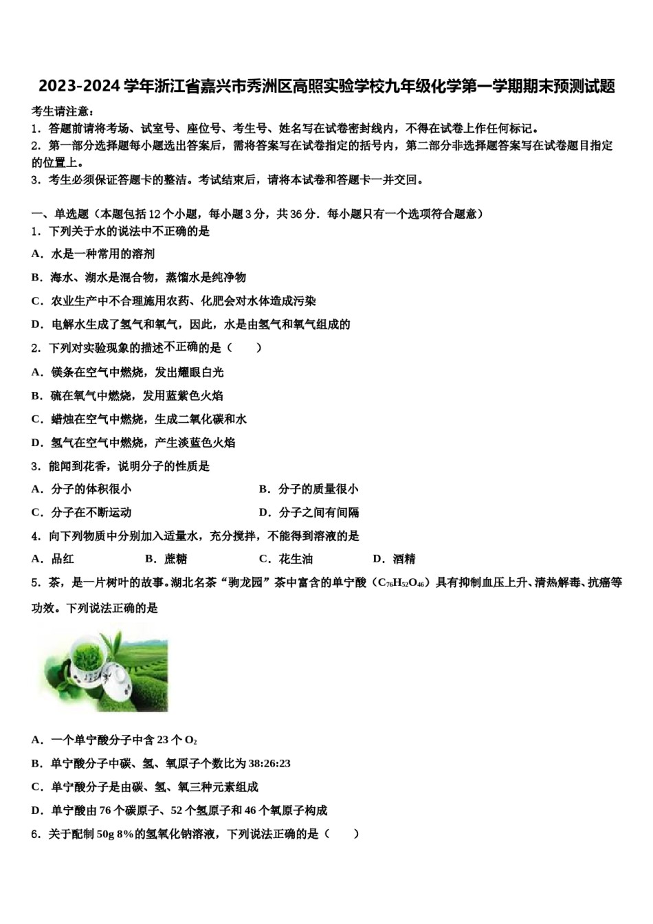 2023-2024学年浙江省嘉兴市秀洲区高照实验学校九年级化学第一学期期末预测试题含解析.doc_第1页