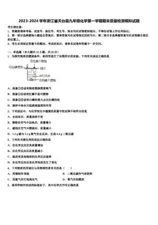2023-2024学年浙江省天台县九年级化学第一学期期末质量检测模拟试题含解析.doc
