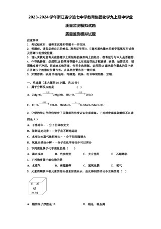 2023-2024学年浙江省宁波七中学教育集团化学九上期中学业质量监测模拟试题含解析.doc