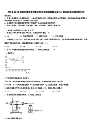 2023-2024学年浙江省宁波北仑区东海实验学校化学九上期末教学质量检测试题含解析.doc