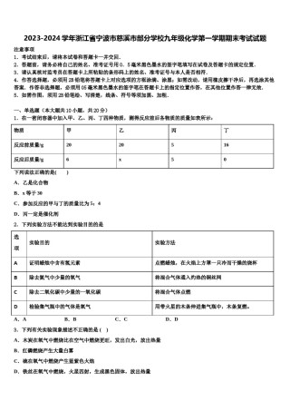 2023-2024学年浙江省宁波市慈溪市部分学校九年级化学第一学期期末考试试题含解析.doc