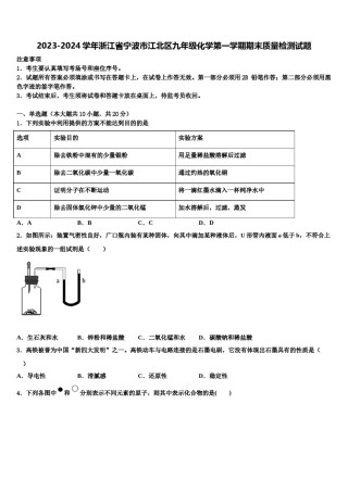 2023-2024学年浙江省宁波市江北区九年级化学第一学期期末质量检测试题含解析.doc