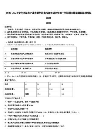 2023-2024学年浙江省宁波市鄞州区七校九年级化学第一学期期末质量跟踪监视模拟试题含解析.doc