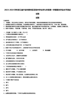 2023-2024学年浙江省宁波市鄞州区实验中学化学九年级第一学期期末学业水平测试试题含解析.doc