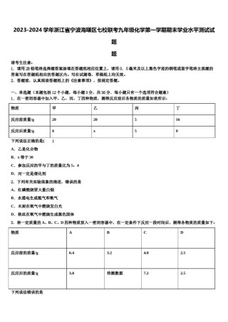 2023-2024学年浙江省宁波海曙区七校联考九年级化学第一学期期末学业水平测试试题含解析.doc