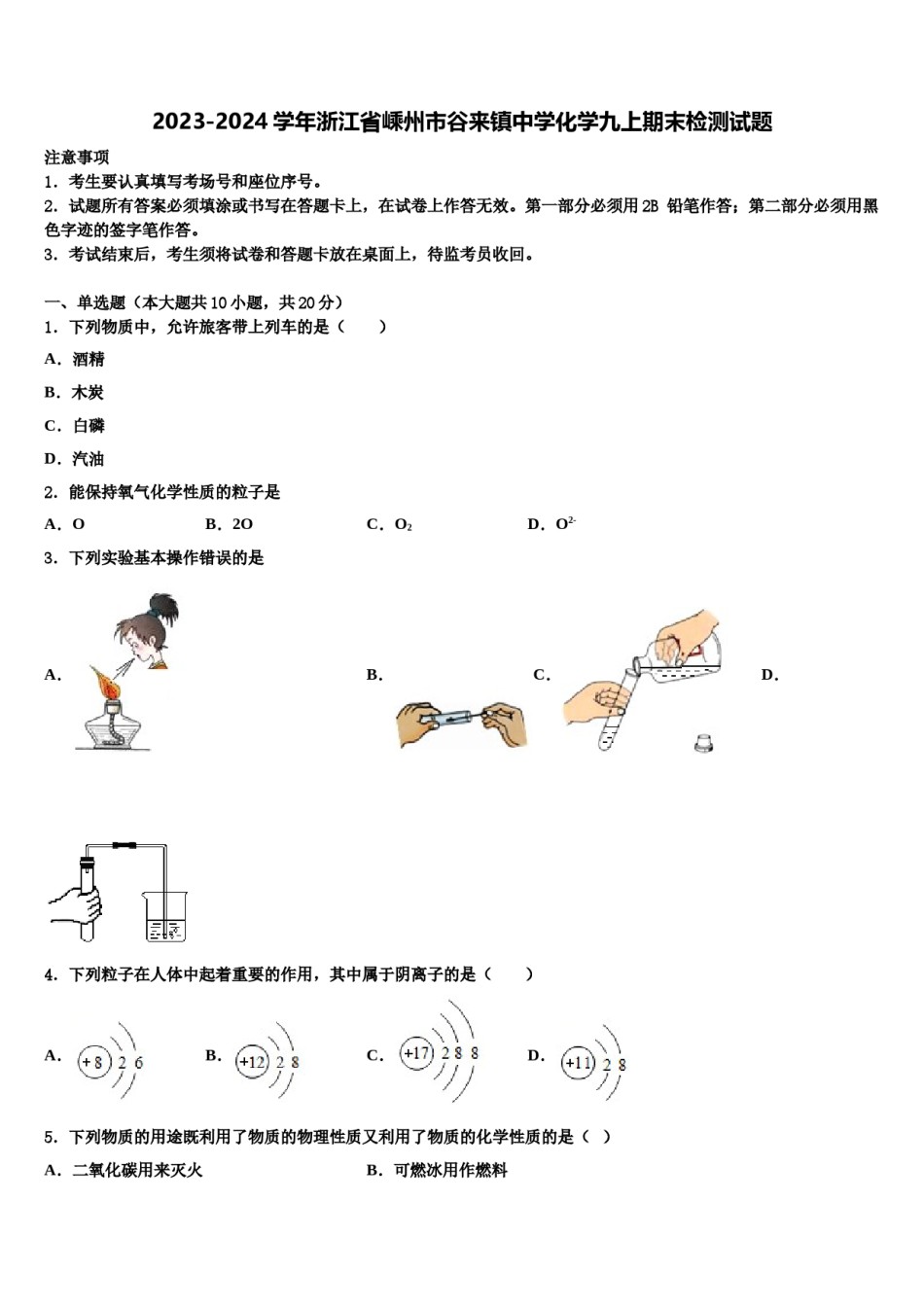 2023-2024学年浙江省嵊州市谷来镇中学化学九上期末检测试题含解析.doc_第1页