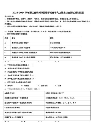 2023-2024学年浙江省杭州外国语学校化学九上期末综合测试模拟试题含解析.doc