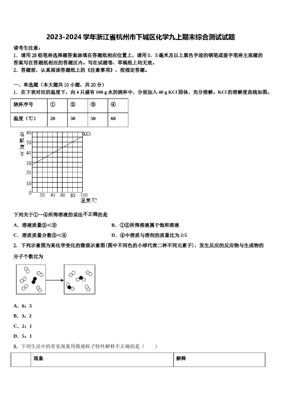2023-2024学年浙江省杭州市下城区化学九上期末综合测试试题含解析.doc_第1页