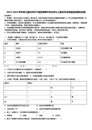 2023-2024学年浙江省杭州市下城区朝晖中学化学九上期末学业质量监测模拟试题含解析.doc
