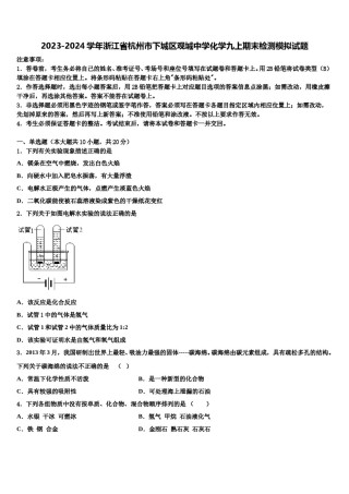 2023-2024学年浙江省杭州市下城区观城中学化学九上期末检测模拟试题含解析.doc