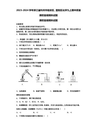 2023-2024学年浙江省杭州市临安区、富阳区化学九上期中质量跟踪监视模拟试题含解析.doc