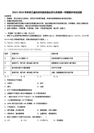2023-2024学年浙江省杭州市临安县化学九年级第一学期期末考试试题含解析.doc