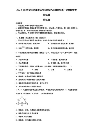 2023-2024学年浙江省杭州市名校九年级化学第一学期期中考试试题含解析.doc