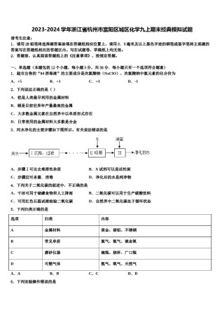 2023-2024学年浙江省杭州市富阳区城区化学九上期末经典模拟试题含解析.doc