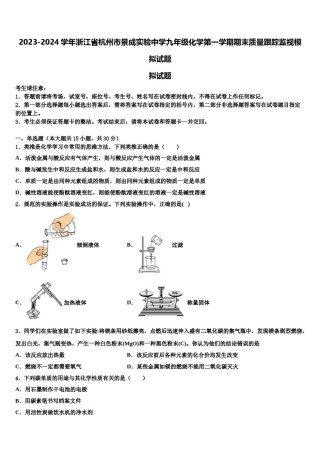 2023-2024学年浙江省杭州市景成实验中学九年级化学第一学期期末质量跟踪监视模拟试题含解析.doc