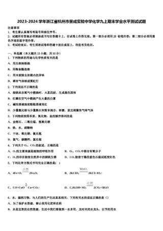 2023-2024学年浙江省杭州市景成实验中学化学九上期末学业水平测试试题含解析.doc