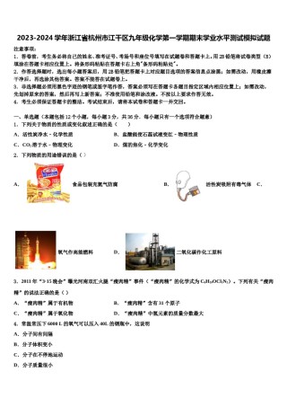 2023-2024学年浙江省杭州市江干区九年级化学第一学期期末学业水平测试模拟试题含解析.doc