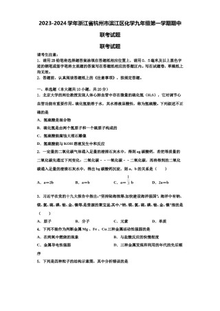 2023-2024学年浙江省杭州市滨江区化学九年级第一学期期中联考试题含解析.doc