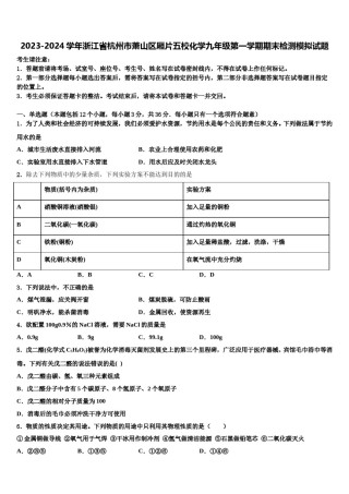 2023-2024学年浙江省杭州市萧山区厢片五校化学九年级第一学期期末检测模拟试题含解析.doc