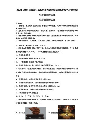 2023-2024学年浙江省杭州市西湖区绿城育华化学九上期中学业质量监测试题含解析.doc
