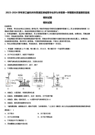 2023-2024学年浙江省杭州市西湖区绿城育华化学九年级第一学期期末质量跟踪监视模拟试题含解析.doc