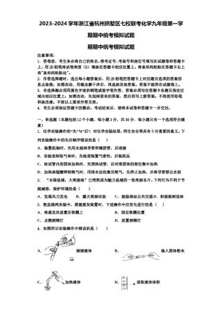 2023-2024学年浙江省杭州拱墅区七校联考化学九年级第一学期期中统考模拟试题含解析.doc