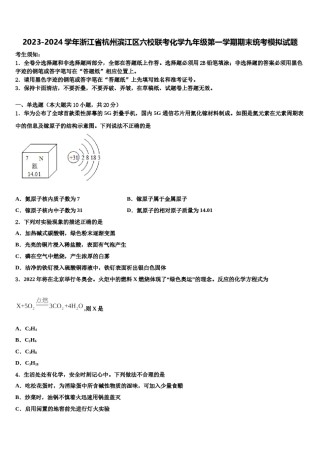 2023-2024学年浙江省杭州滨江区六校联考化学九年级第一学期期末统考模拟试题含解析.doc