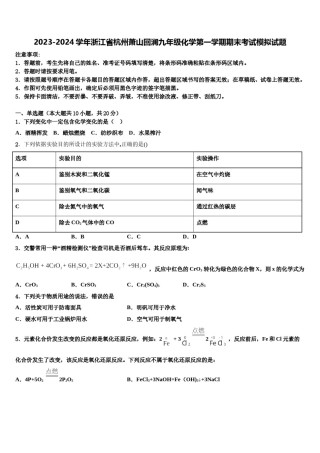 2023-2024学年浙江省杭州萧山回澜九年级化学第一学期期末考试模拟试题含解析.doc