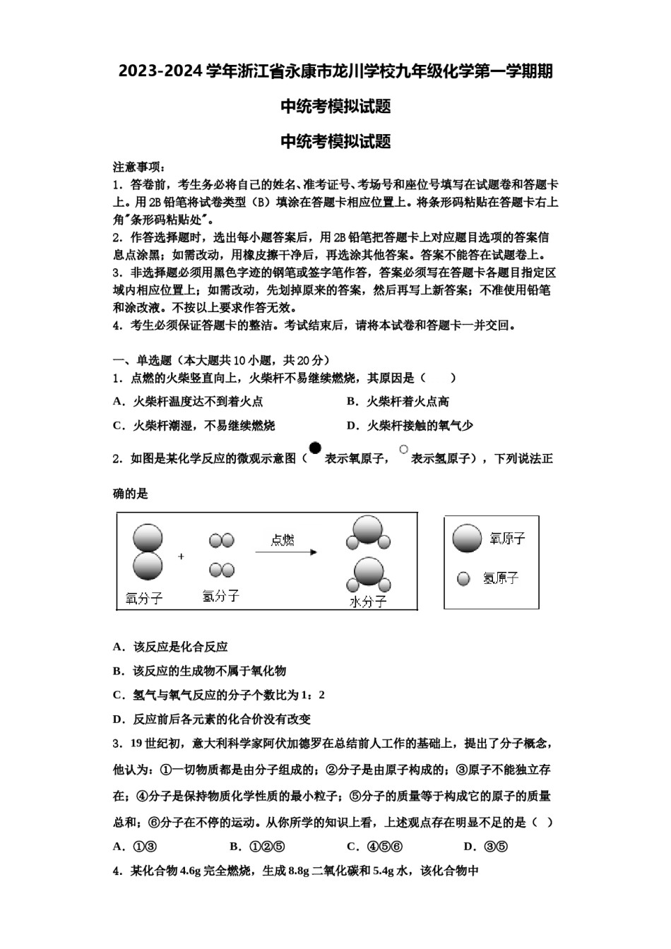 2023-2024学年浙江省永康市龙川学校九年级化学第一学期期中统考模拟试题含解析.doc_第1页