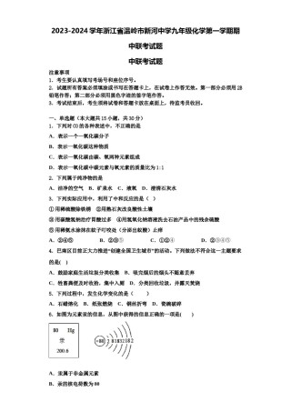 2023-2024学年浙江省温岭市新河中学九年级化学第一学期期中联考试题含解析.doc