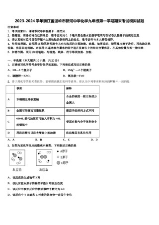 2023-2024学年浙江省温岭市新河中学化学九年级第一学期期末考试模拟试题含解析.doc