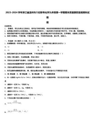 2023-2024学年浙江省温州市八校联考化学九年级第一学期期末质量跟踪监视模拟试题含解析.doc